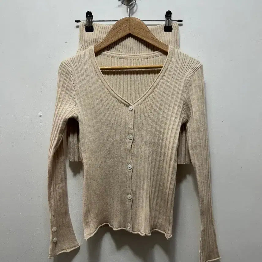 [BUNJANG] Ribbed Knit Cardigan Set - Beige / 골지 니트 가디건 세트 베이지 새상품