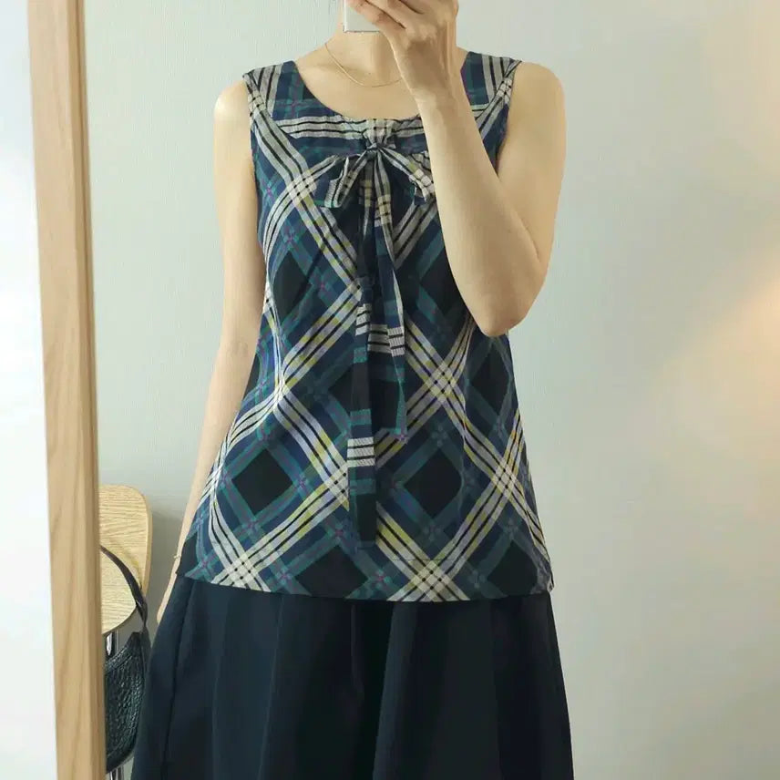 [BUNJANG] Beanpole Women's Sleeveless Blouse - Vintage Check Ribbon Detail / (95)빈폴 여성 민소매 블라우스 체크 빈티지 W4303