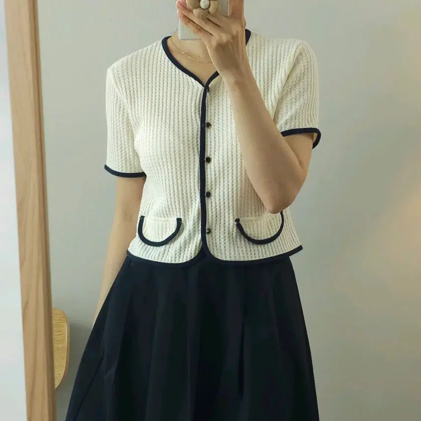 [BUNJANG] Themain Women's Short Sleeve Waffle Cardigan (Navy) / (F)Themain 여성 반팔 숏 가디건 와플 W4306