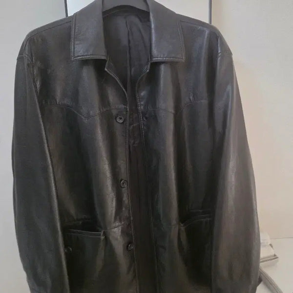 [BUNJANG] Uniform Bridge Black Leather Western Car Coat / 유니폼브릿지 블랙 레더 웨스턴 카 코트