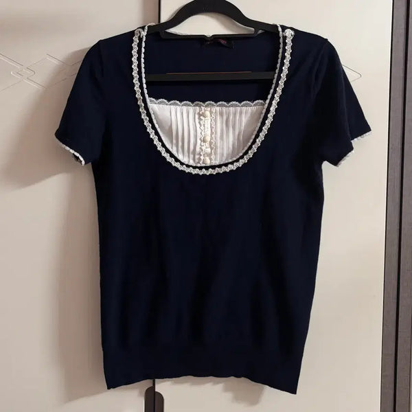 [BUNJANG] Lace Layered Short-Sleeve Knit Top / (택포) 레이스 레이어드 반팔니트