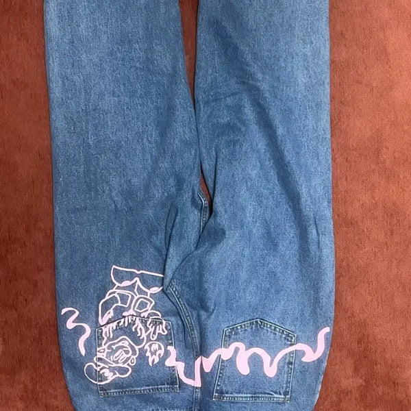 [BUNJANG] WE CANDERS Denim Pants Pink Graphic Print / 위캔더스 데님