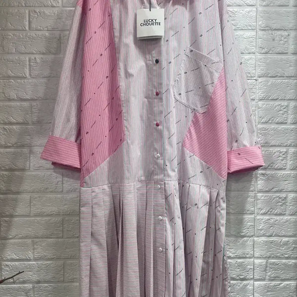 [BUNJANG] Lucky Chouette Women's Striped Pleated Cotton Shirt Dress / [새상품] 럭키슈에뜨 스트라이프 셔츠 플리츠면원피스38(정가39.8만원)