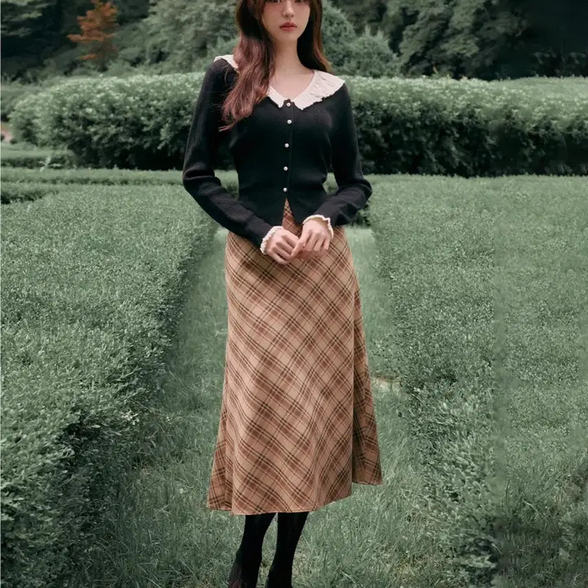[BUNJANG] Roller Rola Check Midi Skirt Brown / [로라로라] 체크 미디 스커트 브라운