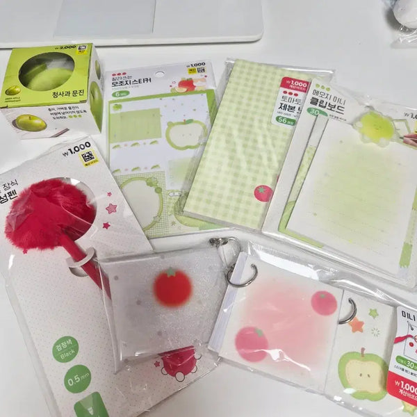 [BUNJANG] Daiso Fruit Series Tomato & Green Apple Stationery Bundle / 다이소 프룻시리즈 토마토.청사과 문진 볼펜 노트 파우치 스티커북 일괄