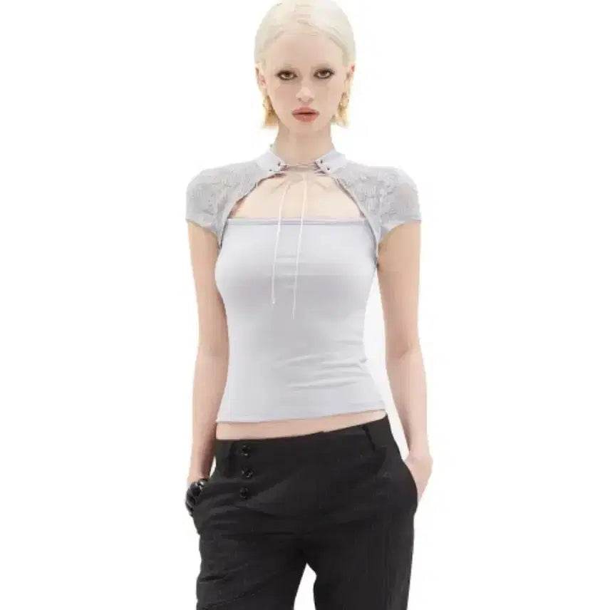 [BUNJANG] Hilda Tie-Neck Lace See-Through Slim Short Sleeve T-Shirt / 힐다 타이넥 레이스 시스루 슬림 티 반팔 티셔츠 슬리브리스 그레이 회색