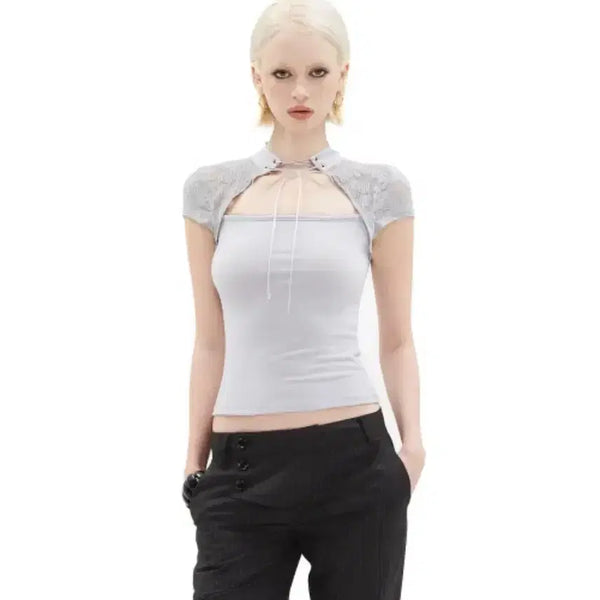 [BUNJANG] Hilda Tie-Neck Lace See-Through Slim Short Sleeve T-Shirt / 힐다 타이넥 레이스 시스루 슬림 티 반팔 티셔츠 슬리브리스 그레이 회색