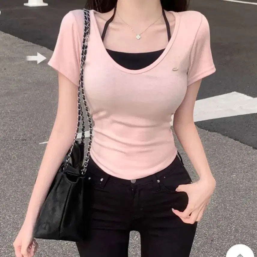 [BUNJANG] Blurfit Halter Layered Cropped T-Shirt / 블러핏 홀터 레이어드 일체형 크롭 티셔츠 에이블리