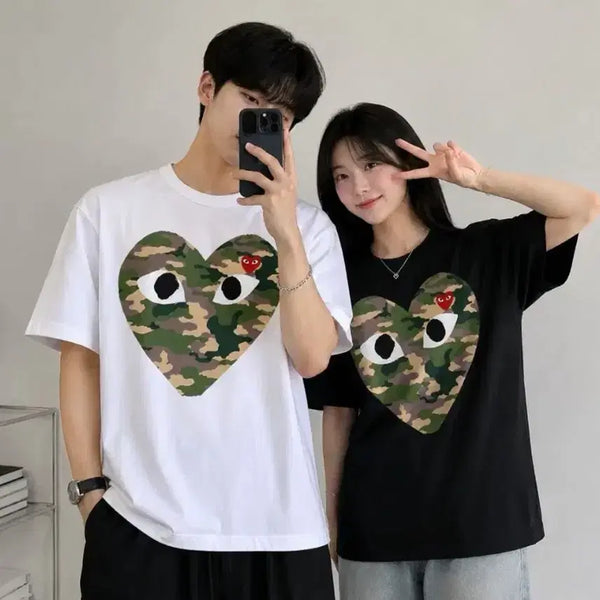 [BUNJANG] Comme des Garçons Camo Heart T-Shirt White/Black XL/L / 꼼데가르송 카모 하트 반팔티 화이트 / 블랙 XL, L