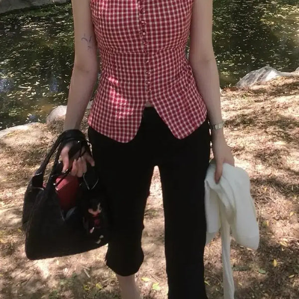 [BUNJANG] Zigzag Red Check Sleeveless Blouse Free Size / 지그재그 / 레드 체크 라인 민소매 블라우스 free