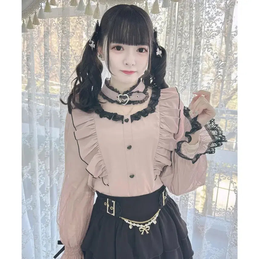 [BUNJANG] Rosetta Heart Buckle Sheer Sleeve Blouse - Pink / 로지타 하트 버클 초커 시어 슬리브 블라우스 / 핑크