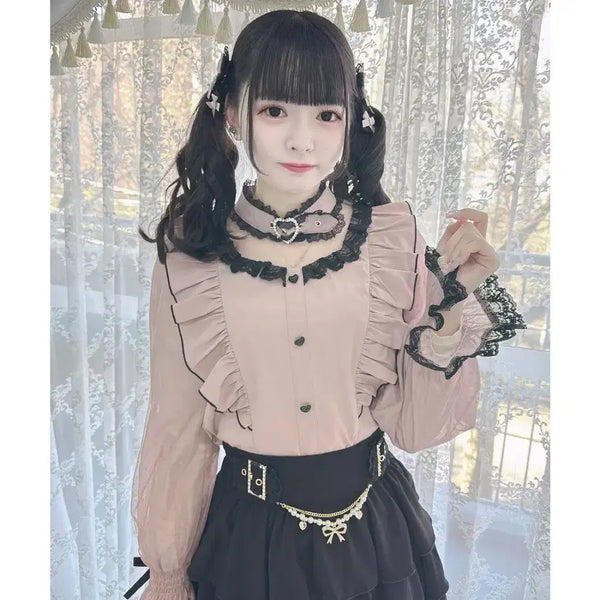 [BUNJANG] Rosetta Heart Buckle Sheer Sleeve Blouse - Pink / 로지타 하트 버클 초커 시어 슬리브 블라우스 / 핑크