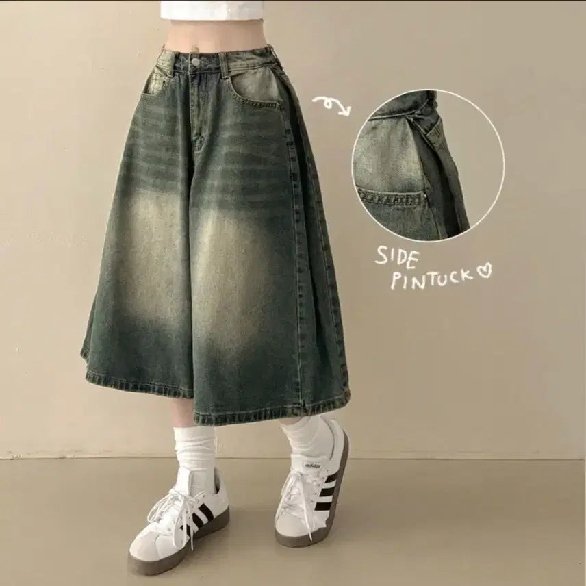 [BUNJANG] Denim Bermuda Shorts with Side Pintucks and Vintage Wash / 에이블리 데님버뮤다 사이드핀턱 빈티지워싱 데님 버뮤다팬츠 숏팬츠 핀턱