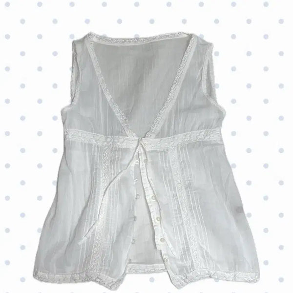 [BUNJANG] En face White Button Lace Crochet Blouse - Japanese Vintage Bohemian Style / 바선생 모리걸 대장 화이트 단추 끈 블라우스 일본빈티지 보헤미안 크로셰