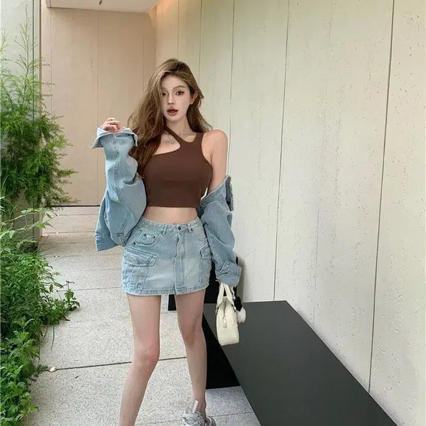 [BUNJANG] Denim Jacket + Light Wash Skirt Set / 청자켓+연청스커트2pes 세트