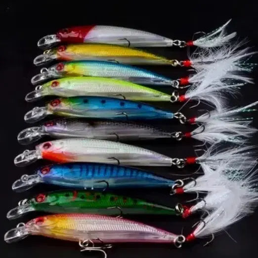 [BUNJANG] Genuine New Minnow Feather Lure Fishing 10-Piece Set (Sealed) / 정품)신형 미노우 3D눈 깃털 루어낚시  10종 세트 미개봉다양한 색상