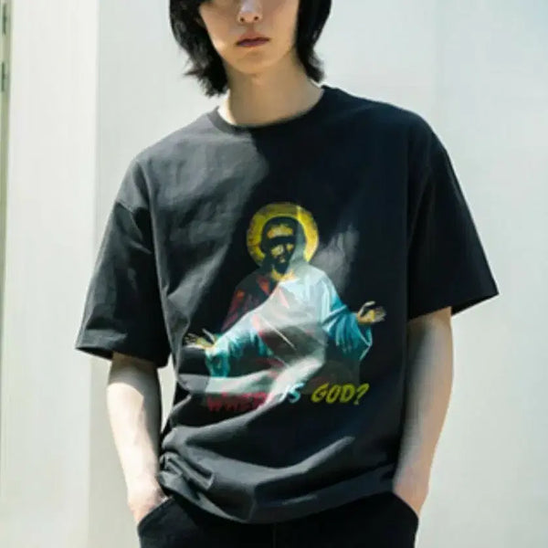 [BUNJANG] Begin 2022 WHERE IS GOD Jesus Printing Short-Sleeve T-Shirt Black / (새상품)비긴202 WHERE IS GOD 예수 프린팅 반팔티 블랙(2)