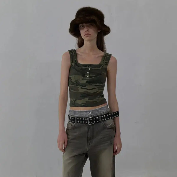 [BUNJANG] LCDC TM Double Layered Camo Tank Top (Khaki) / Lcdc tm 레이어드 탱크탑 슬리브리스 새상품