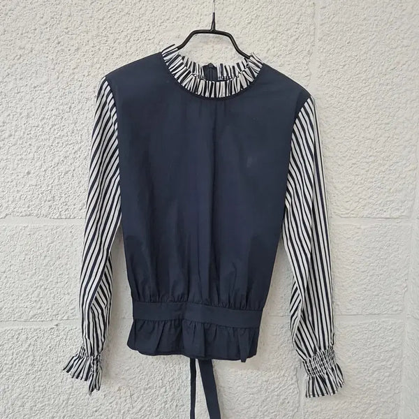 [BUNJANG] G-CUT Striped Color Block Frill Blouse / 지컷 스트라이프 배색 프릴 블라우스