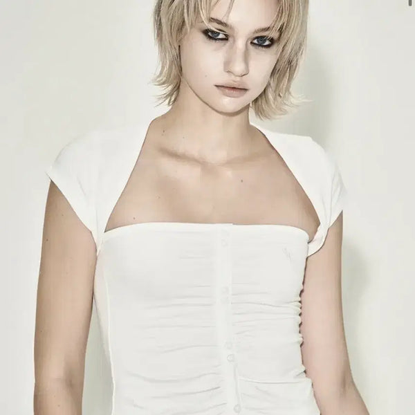 [BUNJANG] Synergy Jin Button Sleeveless Bolero White / 시너진 버튼 슬리브리스 볼레로 화이트