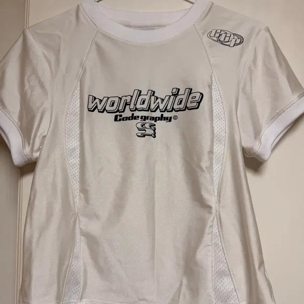 [BUNJANG] Codegraphy White "Worldwide Codegraphy" Logo Mesh Detail Short Sleeve T-Shirt / 코드그라피 티셔츠