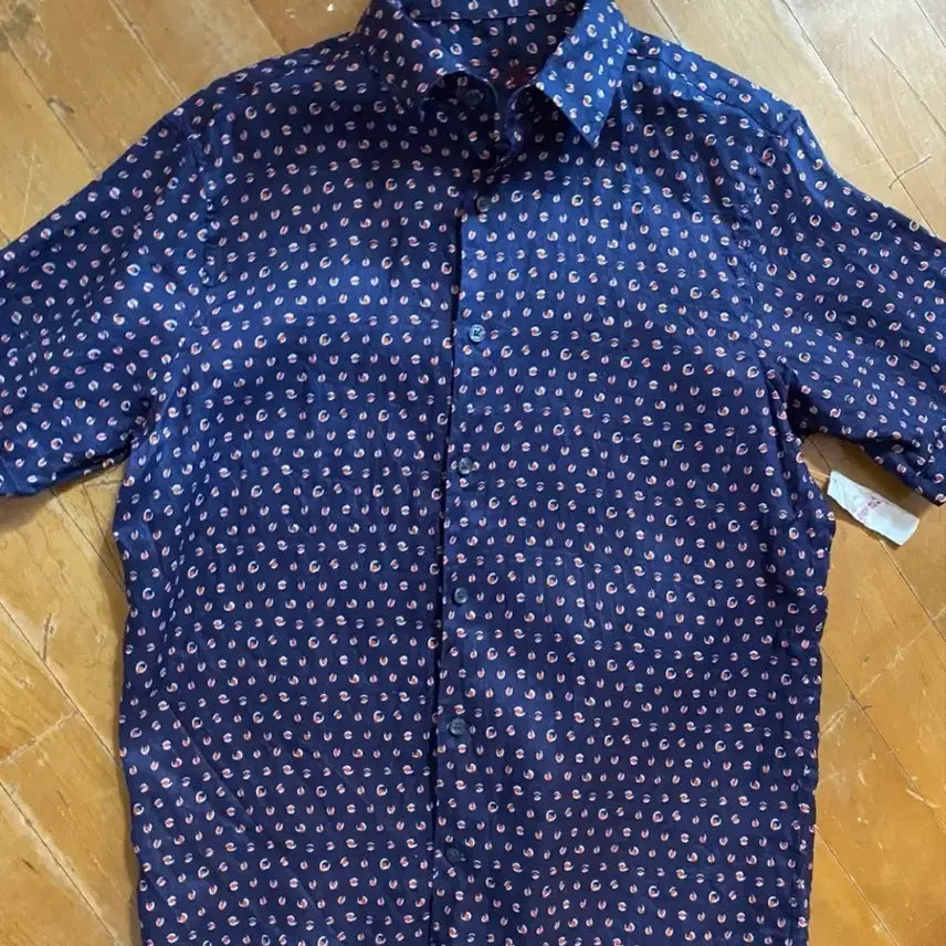 [BUNJANG] Tasso Elba Navy Pattern Linen Short Sleeve Shirt / (미착용)Tasso Elba 네이비 패턴 린넨 반팔 셔츠 (95-100)