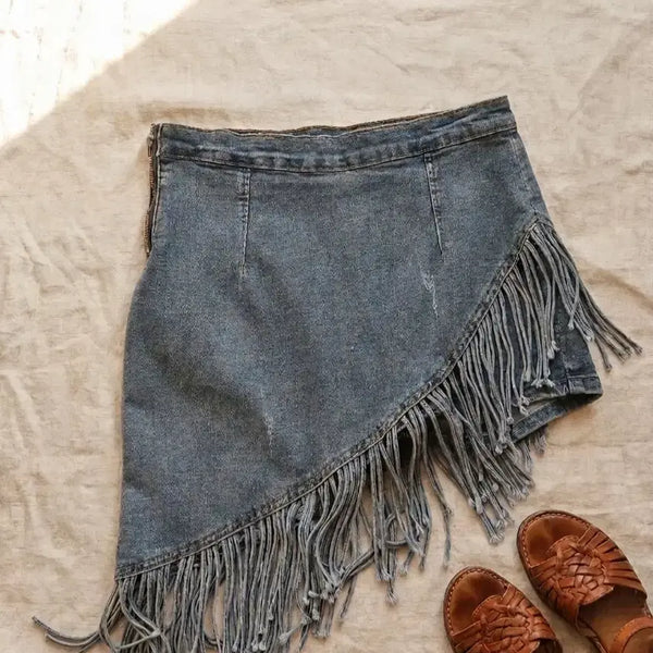 [BUNJANG] Asymmetrical Fringe Denim Mini Skirt / 독특한 비대칭 프린지 데님 스커트 (스타일리시)