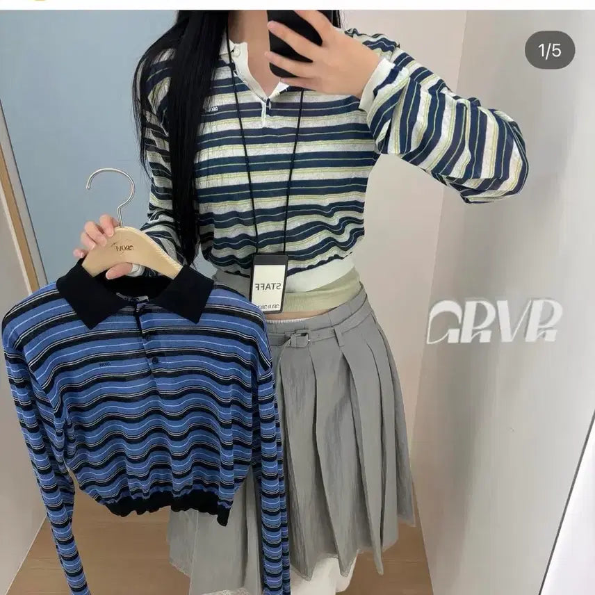 [BUNJANG] Grove Stripe Collar Knit Ivory / 그로브 스트라이프 카라 니트 아이보리 시스루 크롭 grove