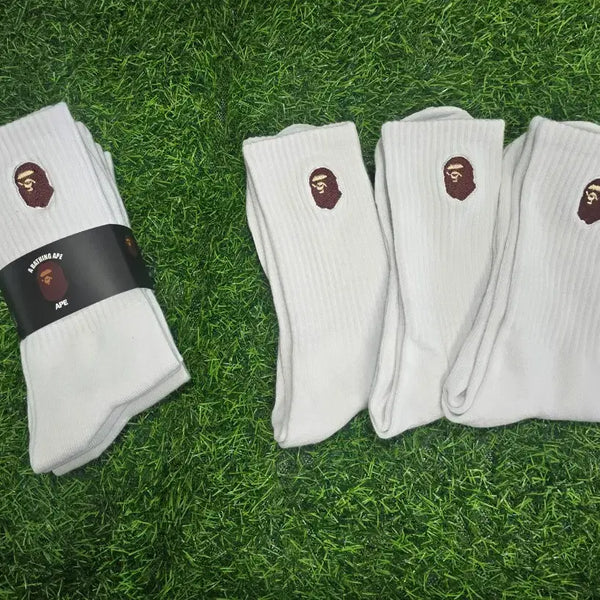 [BUNJANG] BAPE Logo Embroidered Crew Socks (White) - 6 Pairs / 베이프 양말 화이트