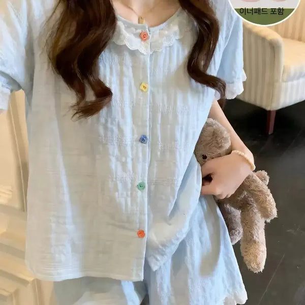 [BUNJANG] Pastel Lace Collar Button Pajama Set with Inner Pads / 파스텔톤 레이스 카라 버튼 잠옷 세트 (이너패드 포함)