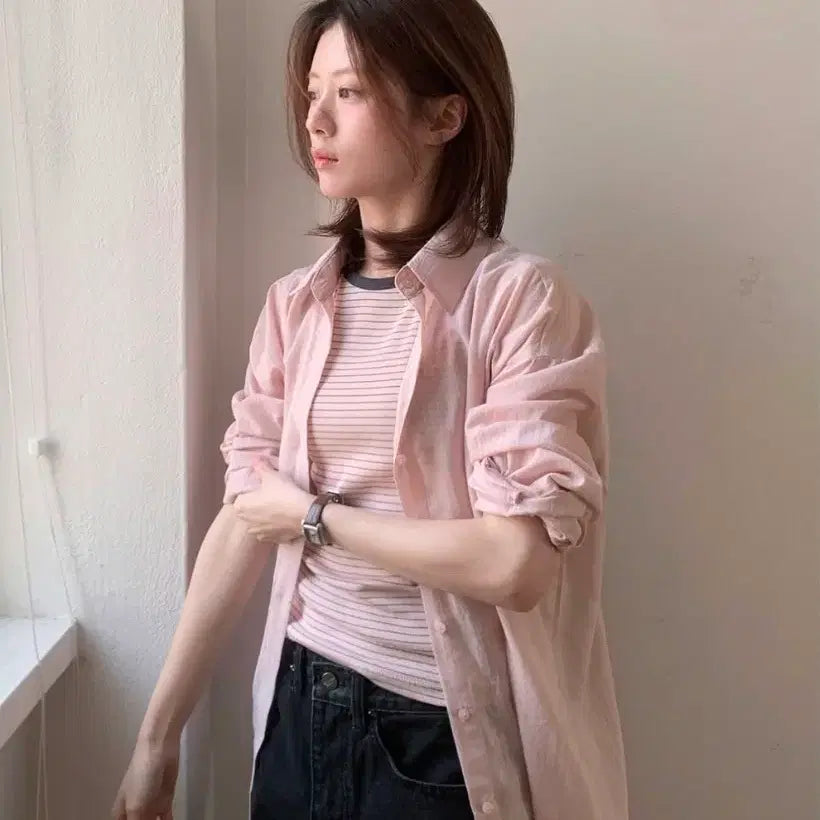 [BUNJANG] Slowand Self-Produced Eve Airy Fit Stripe Shirt - Watery Pink / 슬로우앤드 자체제작 이브 여리핏 스트라이프 셔츠 #워터리핑크