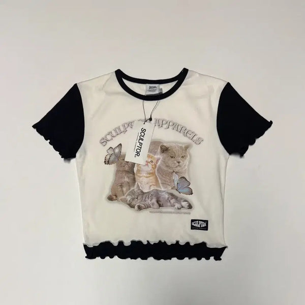 [BUNJANG] Sculptor Cat Graphic Raglan Crop Short Sleeve T-Shirt / <새상품> 여성 스컬프터 고양이 키치 나그랑 크롭 반팔 티셔츠