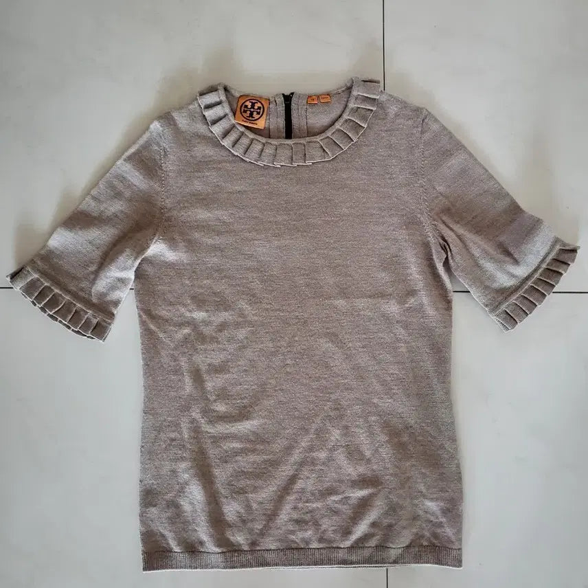 [BUNJANG] Tory Burch Frill Short Sleeve Wool Knit - Beige, XS / 토리버치 프릴 반팔 울 니트