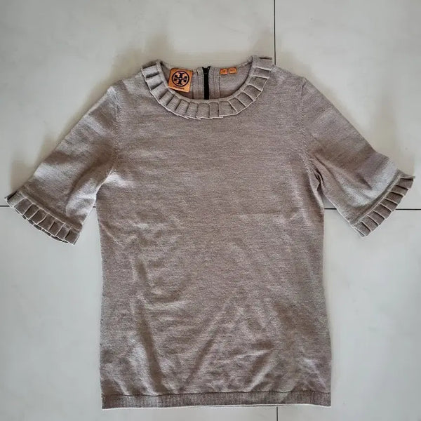 [BUNJANG] Tory Burch Frill Short Sleeve Wool Knit - Beige, XS / 토리버치 프릴 반팔 울 니트