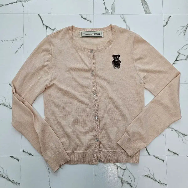 [BUNJANG] Twosmontrejo Teddy Bear Embroidery Cardigan Beige / 튜에스몽뜨레조 곰돌이 자수 가디건 베이지