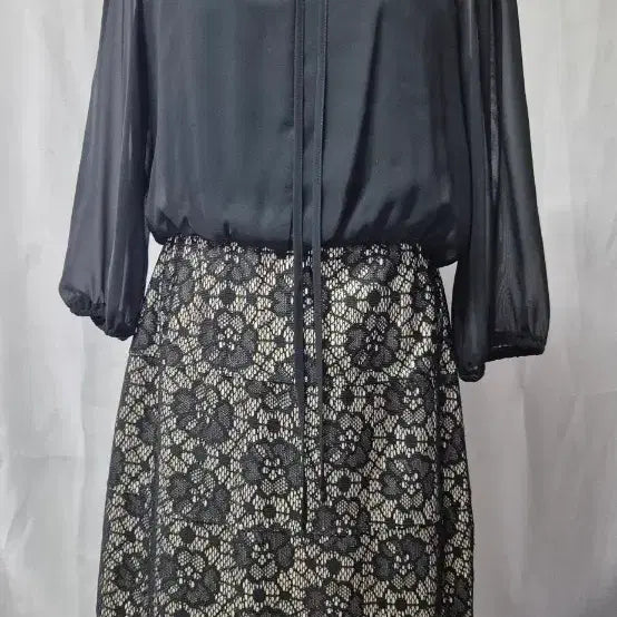 [BUNJANG] Black Chiffon Lace Mix Dress Size 66 / 블랙 시폰 레이스 배색 원피스66