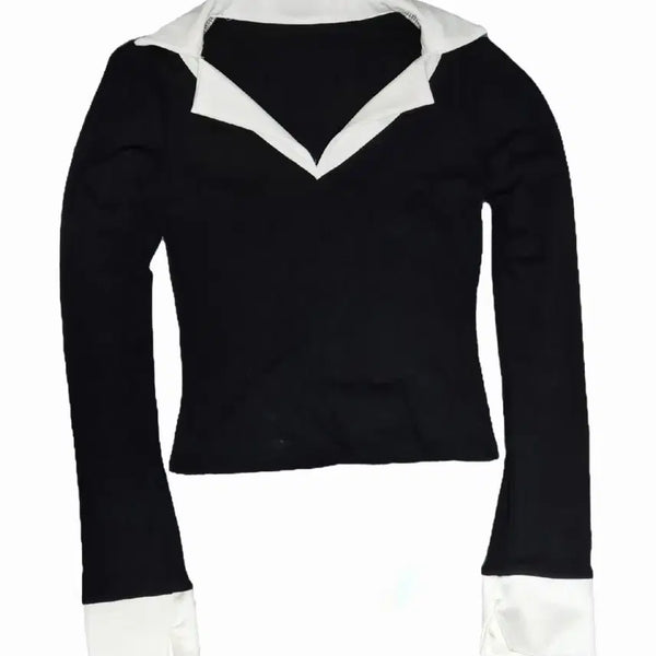 [BUNJANG] Black White Collar Long Sleeve T-Shirt / 블랙 화이트 카라 긴팔 티셔츠