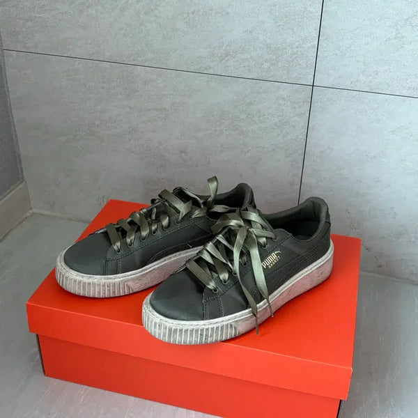[BUNJANG] Puma Basket Platform Satin Sneakers Olive / 푸마 바스켓 플랫폼 새틴 운동화 올리브