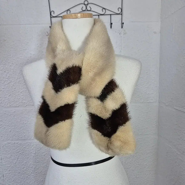 [BUNJANG] Real Mink Fur Muffler Scarf - Brown & Beige Colorblock / 리얼 통밍크 머플러 브라운 배색 베이지