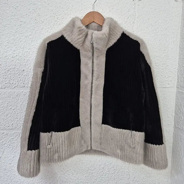 [BUNJANG] Riobel Colorblock Eco-Fur Zip-Up Jacket / 리오벨 에코퍼 재킷 배색 집업
