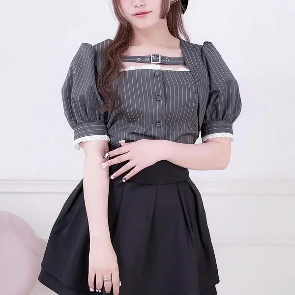 [BUNJANG] PAL ELFY Stripe Puff Short Sleeve Blouse / pal elfy 팔엘피 벨트 스트라이프 퍼프 반팔 블라우스 피움 리즈리사