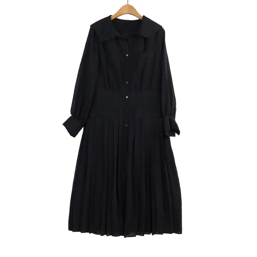 [BUNJANG] Karl Lagerfeld Navy Chiffon Pleated Long Dress Size 55 / KARL LAGERFELD 네이비 쉬폰 플리츠 원피스 55 롱원피스