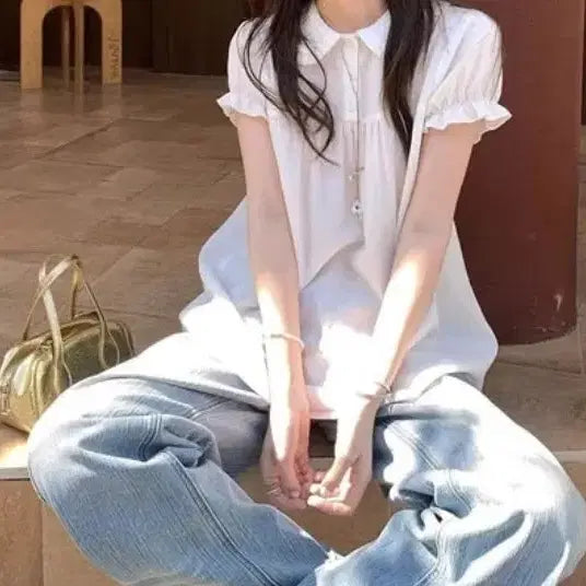 [BUNJANG] Collared Blouse (S) + Polka Dot Straight Wide Pants (S) Set / 카라넥 블라우스(S)+도트 일자 와이드팬츠(S) SET