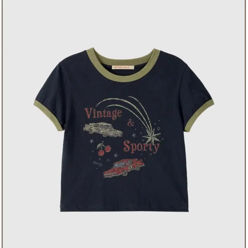 [BUNJANG] Vintage Car Ringer Crop Tee - Navy / Vintage Car Ringer Tee-Navy 빈티지 반팔 크롭티