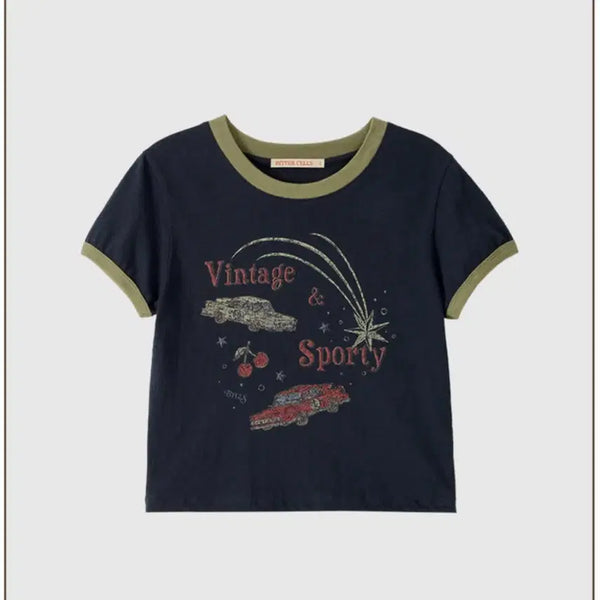 [BUNJANG] Vintage Car Ringer Crop Tee - Navy / Vintage Car Ringer Tee-Navy 빈티지 반팔 크롭티