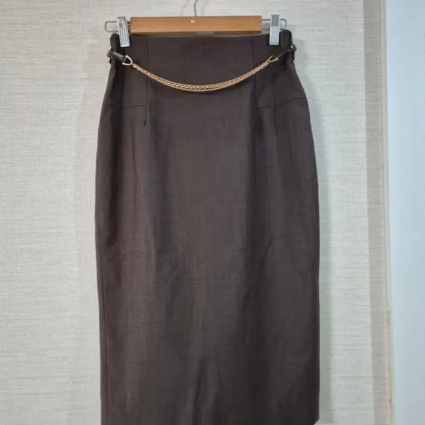 [BUNJANG] MICHAA Chain Belt Wool Blend H-Line Midi Skirt - Dark Brown / 미샤 체인 벨트 H라인 스커트 브라운