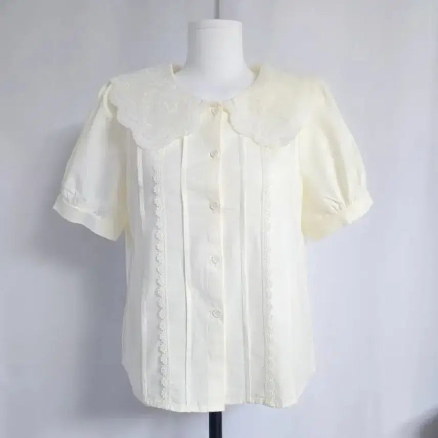 [BUNJANG] Cream Lace Collar Blouse + High-Waist Pleated Skirt Set / 레이스 카라 블라우스(크림)+하이웨스트 플리츠 스커트(M) SET