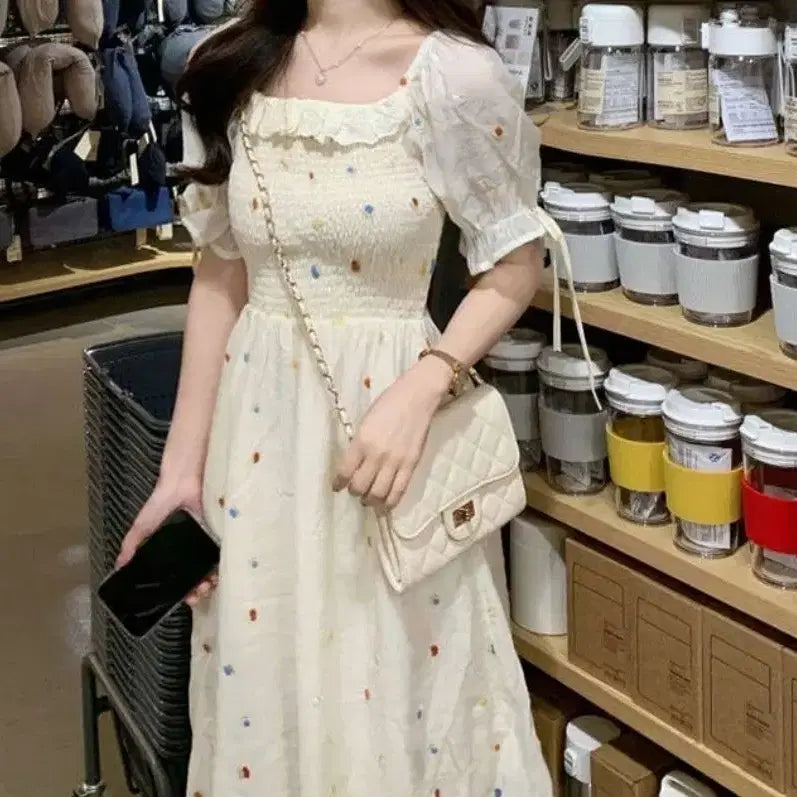 [BUNJANG] Square Neck Floral Waist Dress / 스퀘어넥 플로럴 웨이스트 원피스-M