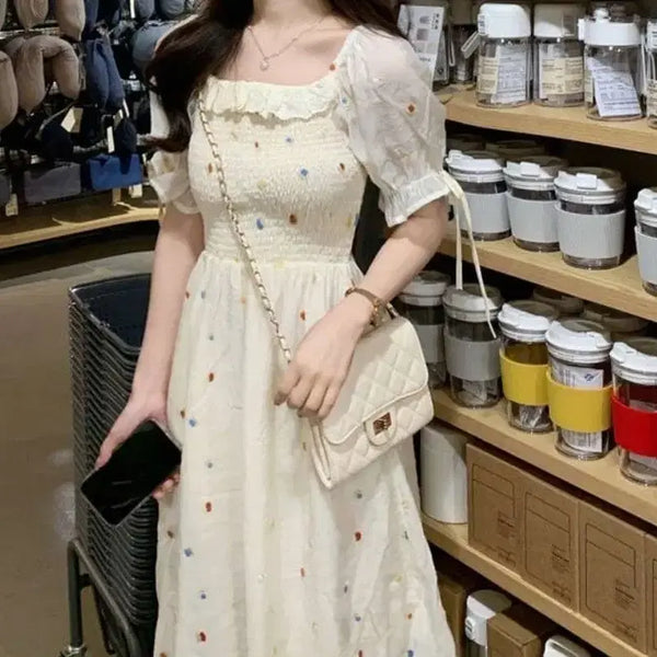 [BUNJANG] Square Neck Floral Waist Dress / 스퀘어넥 플로럴 웨이스트 원피스-M