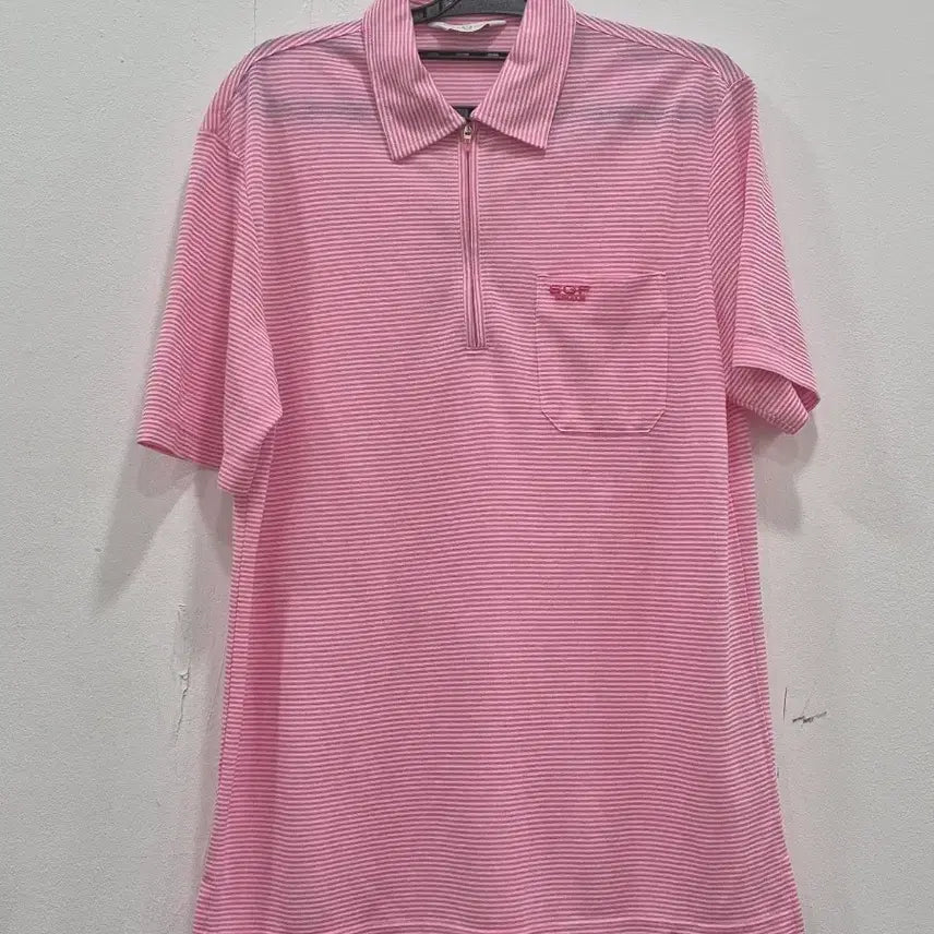 [BUNJANG] SGF Superior Rayon Half-Zip Short Sleeve Polo T-Shirt Stripe Pink Size 95 / [95] SGF 슈페리어 레이온 반집업 반팔 카라티 스트라이프 핑크